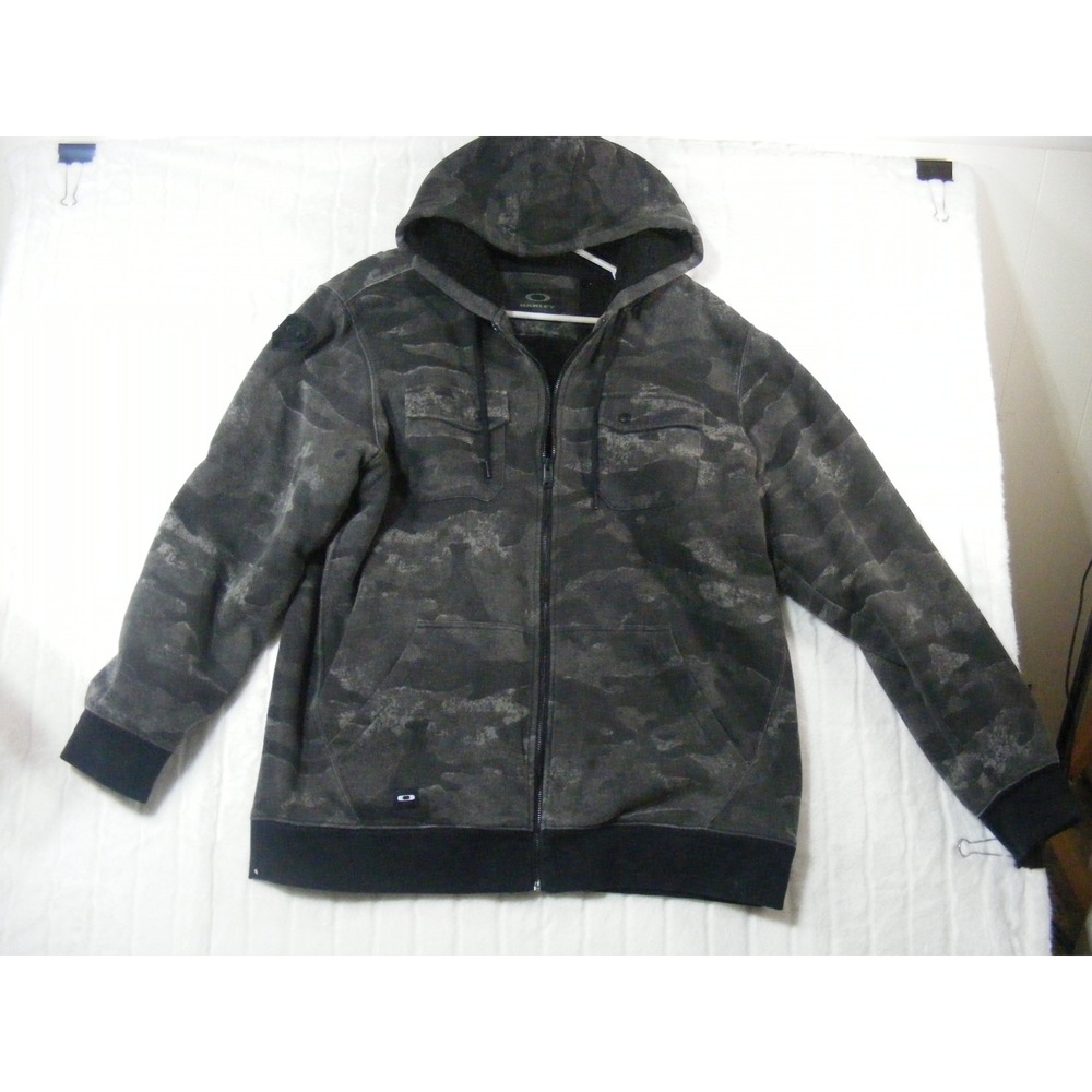 Oakley Zip Hoodie Mens XL Grey Camo Excellent Sherpa Lined Camouflage Jacket